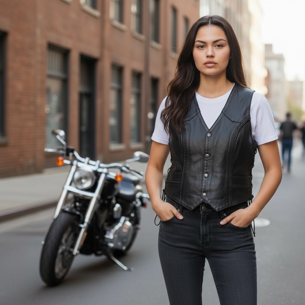 Motorcycle Outpost Biker Snap Front Side Lace Black Leather Vest Women (XL)‎ - Picture 2 of 16